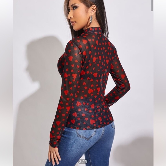 SHEIN Top Black & Red Fitted Heart print  sheer Blouse long sleeve plus size 1X - Picture 2 of 7
